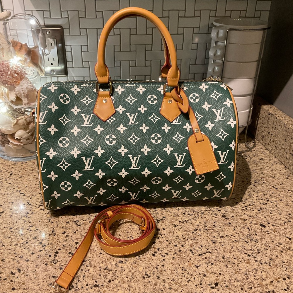 Inspired P9 Speedy Bandouliere 40 Green Monogram Gold Hardware